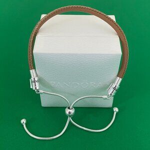 Pandora Moments Golden Tan Leather Slider Bracelet, Clear Cubic Zirconia